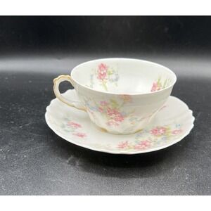 Theodore Haviland Limoges France Teacup and Saucer Set Pink Floral‎ Gold Trim